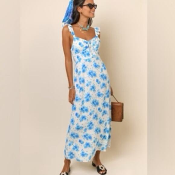 RIXO Dresses & Skirts - Rixo London Cecile Ruffled Midi Dress in Blue Victoria Floral Print